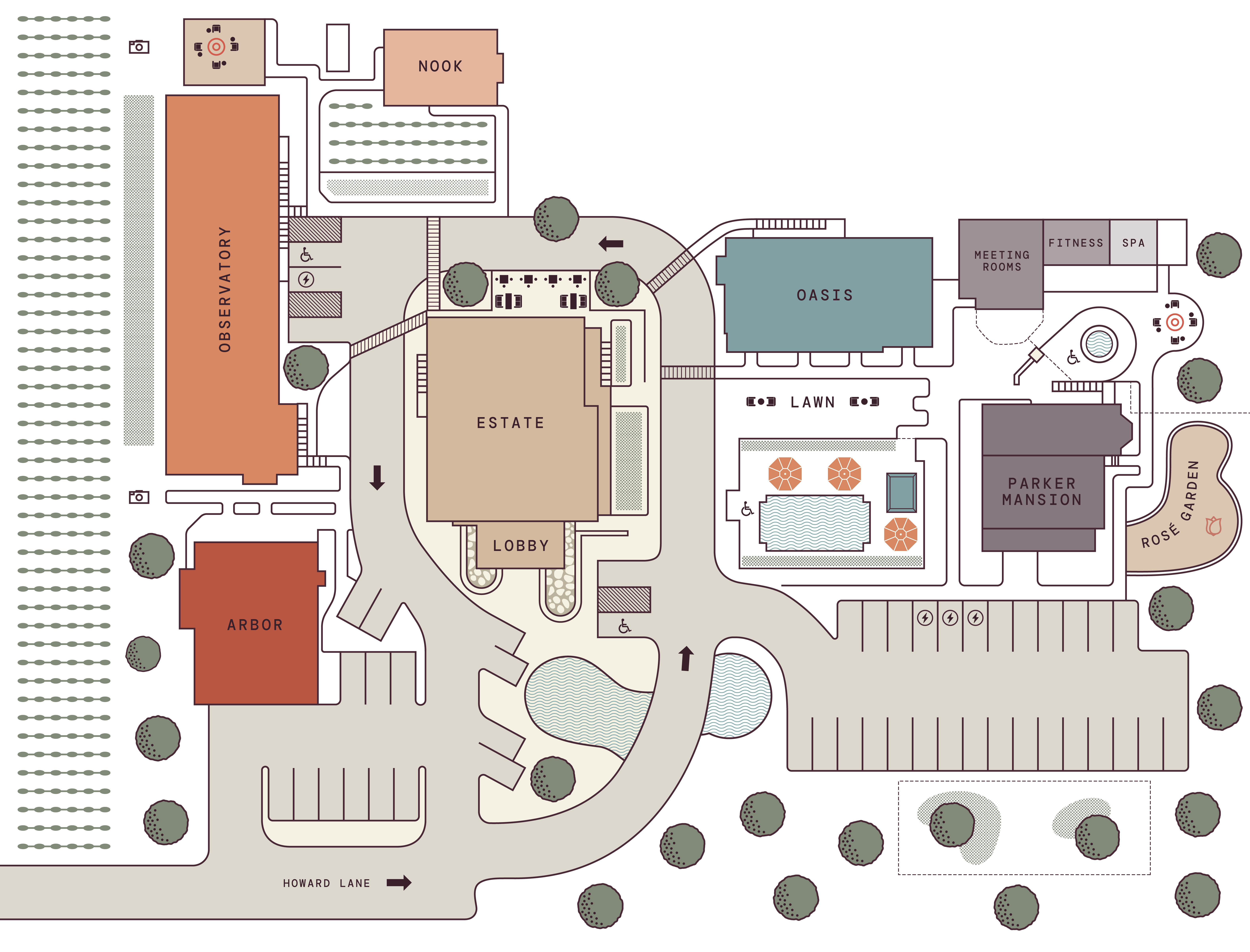 a map of a building with a parking lot