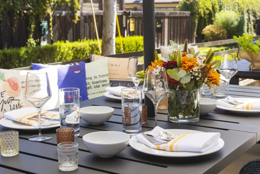 a table with plates and glasses on it