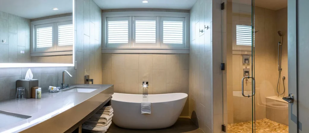 a bathroom with a tub and a sink