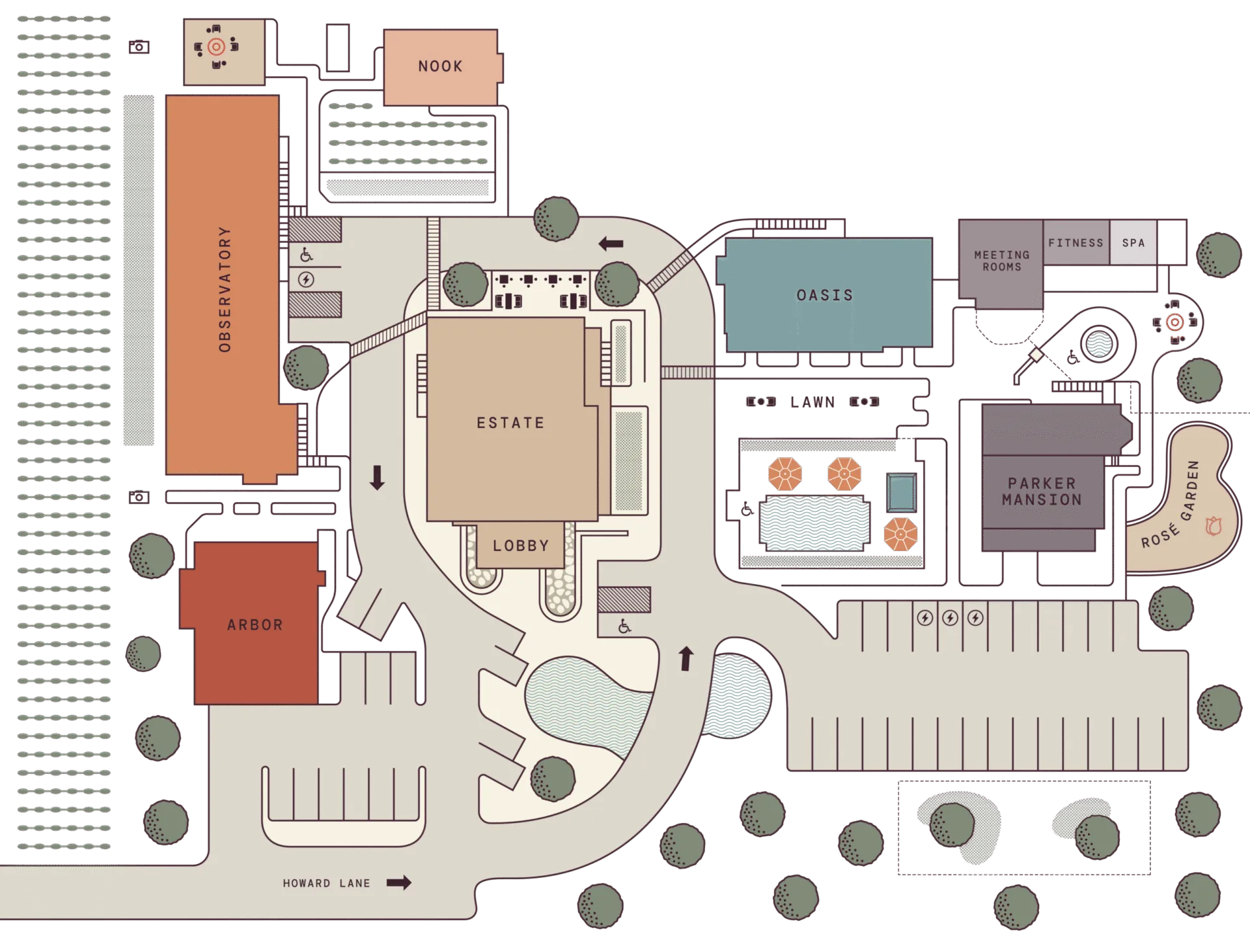 a map of a building with a parking lot