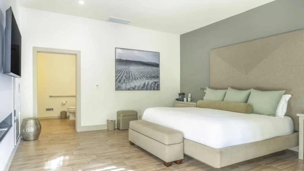 a bedroom with a large bed and a flat screen tv