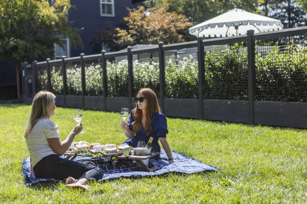 a couple of women sitting on top of a lush green field