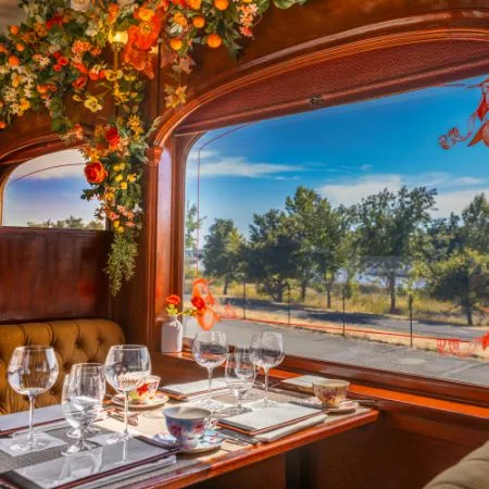 a dining car on a train with a view of the countryside