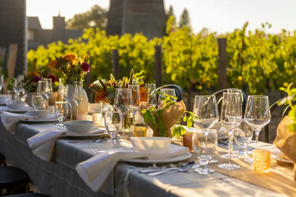 a long table with a bunch of wine glasses on it