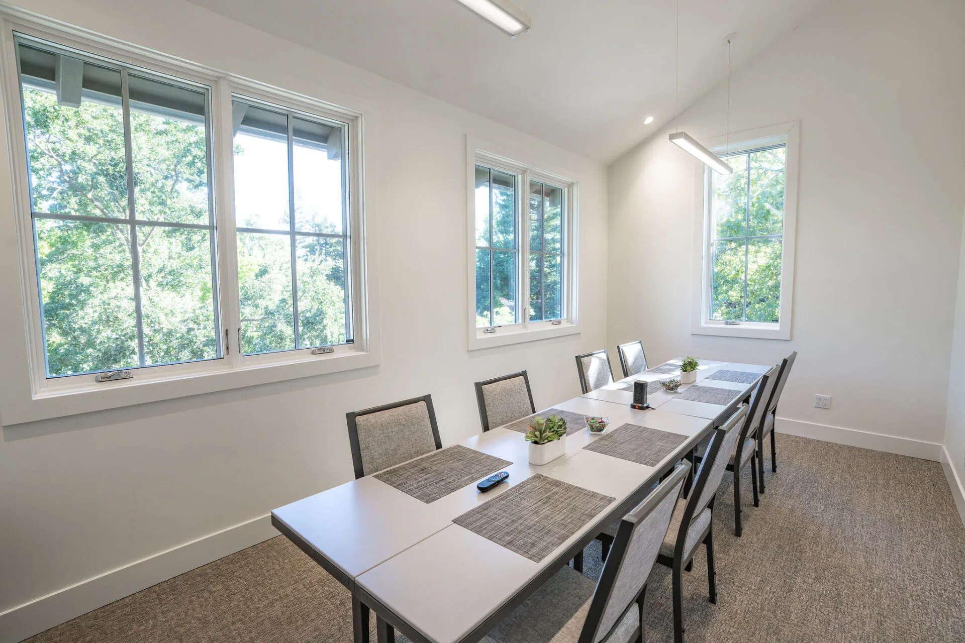 Bright dining room with large windows and modern table setting