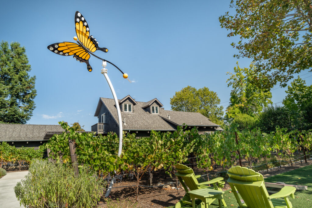 Butterfly sculpture in vineyard with green chairs and hotel building