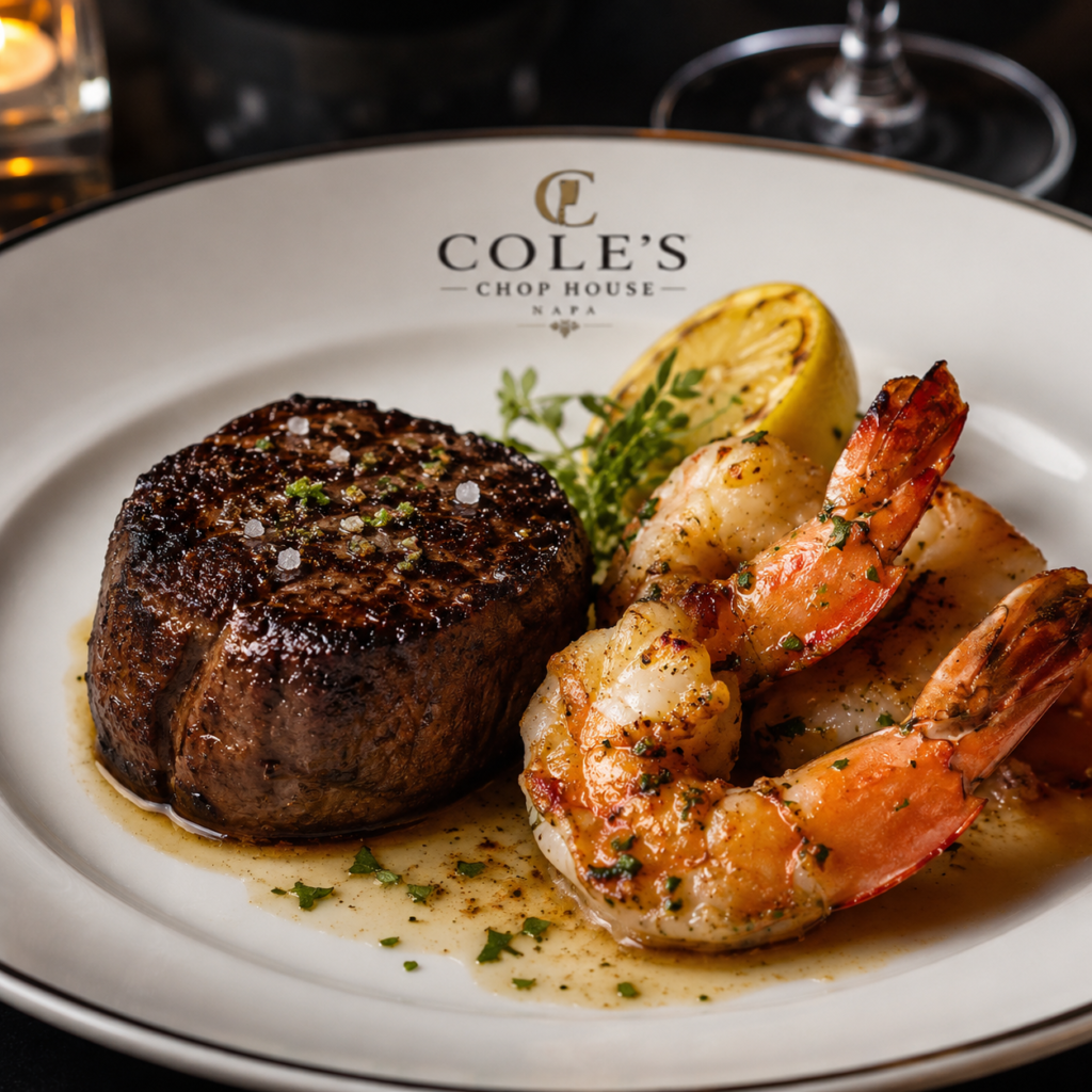 Grilled surf and turf featuring a perfectly seared filet mignon and jumbo shrimp served with herb butter, fresh herbs, and charred lemon on a white plate.