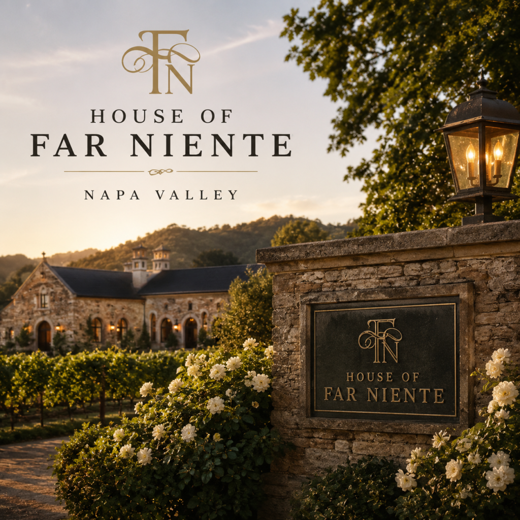House of Far Niente entrance in Napa Valley featuring vineyards, elegant stone architecture, blooming gardens, and luxury wine country estate signage at sunset.